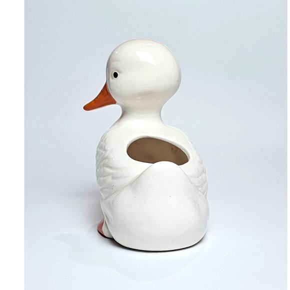 Vintage 80s Baby Duckling Ceramic Figurine White Duck Planter Vase Cotton Swabs - Picture 2 of 5